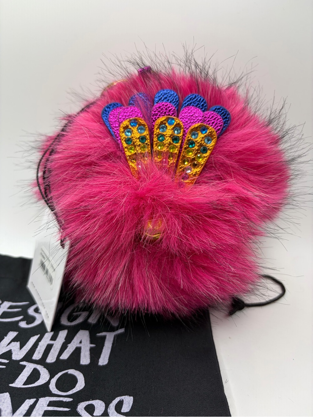 Kurt Geiger Pink Fur Pom Keychain with Decorative Jewel Accent